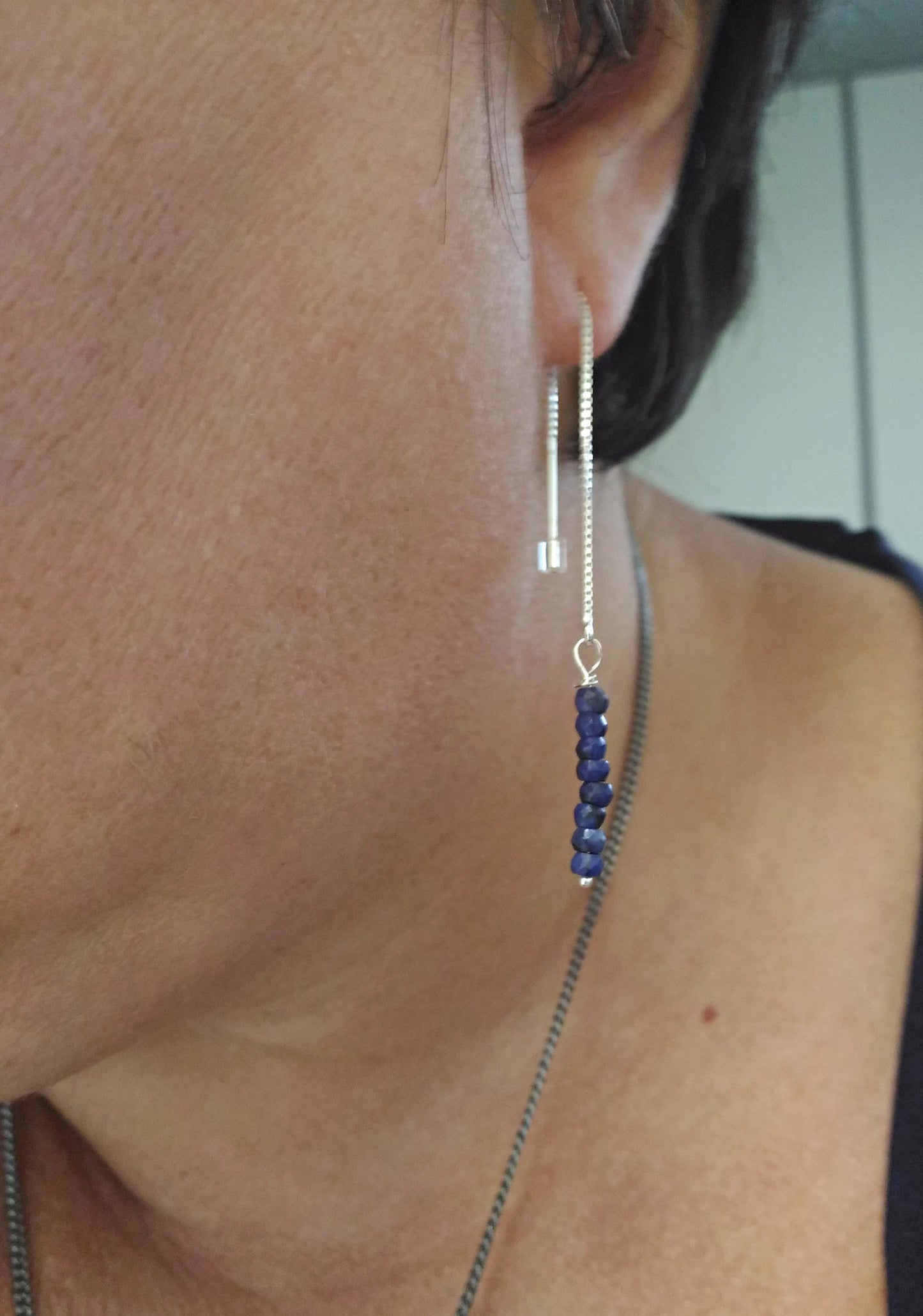 Long Sapphire earrings. Threader earrings. Minimalist birthstone earrings. Gifts for her. Gemstone chain earrings