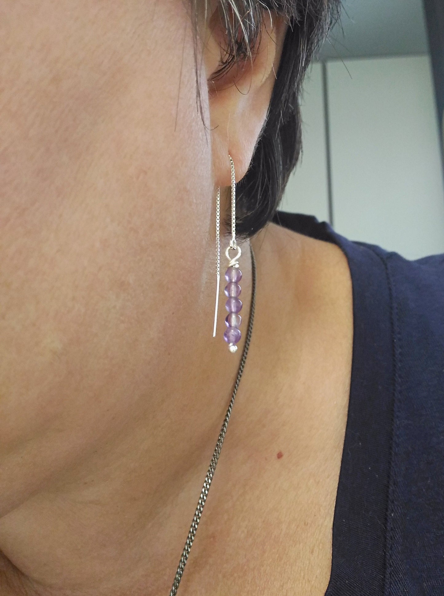 Minimalist pull through earrings. Lavender amethyst earrings. Threader earrings. Gemstone earrings. February birthstone earrings