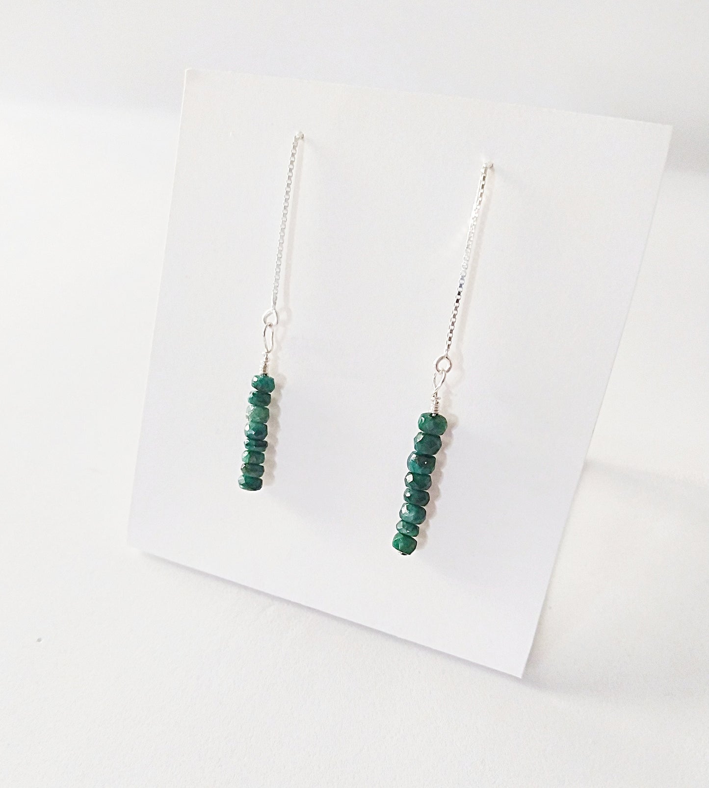 Raw emerald chain threader earrings. Gemstone dangle earrings. Emerald jewelry. Green Thread Earrings. Emerald drop earrings