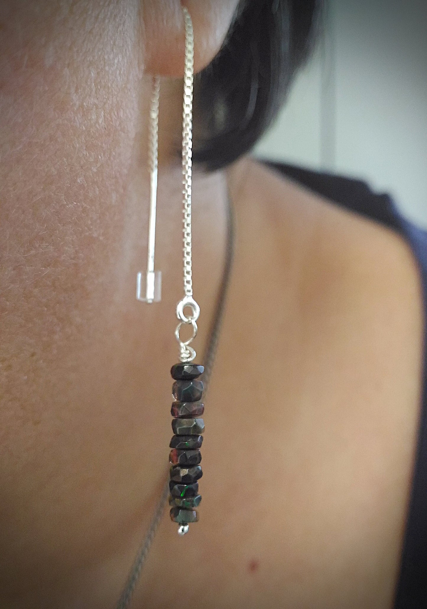 Black opal threader earrings. Gemstone dangle earrings. Opal jewelry. Gifts for her. Chain threader earrings