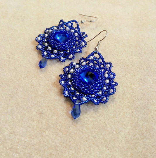 Blue prom earrings. Statement earrings. Beaded earrings. Dangle earrings. Handmade jewelry. Gift for wife