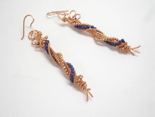 Blue gemstone earrings. Lapis lazuli and copper earrings gift for women.