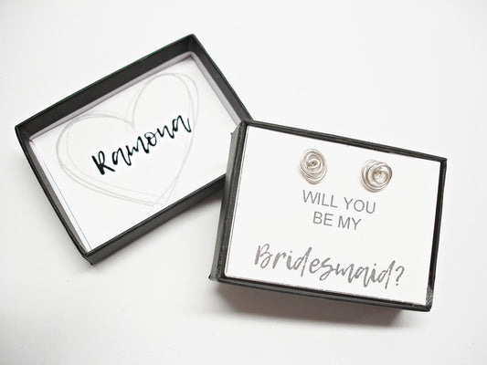 Bridesmaid proposal gift. Tiny stud earrings. Bridesmaid gift. Silver jewelry. Flower girl gift