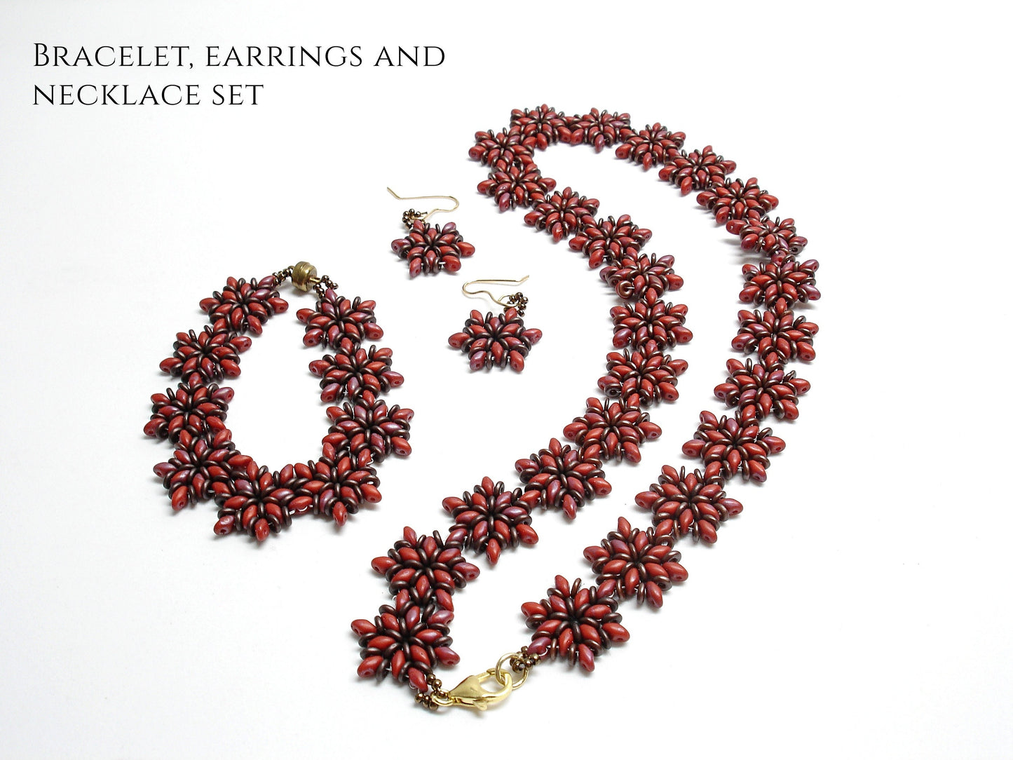 Beaded jewelry set for women. Brown and red superduo bracelet necklace and earrings.