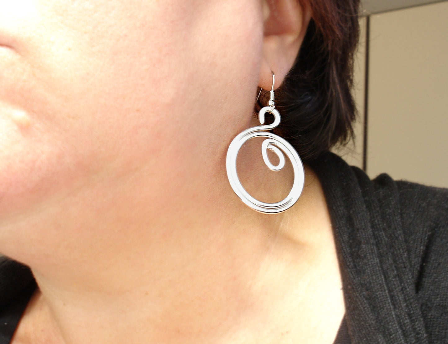 Big silver aluminum spiral earrings. Aluminium dangle celtic earrings. Contemporary jewelry. Christmas gift for her