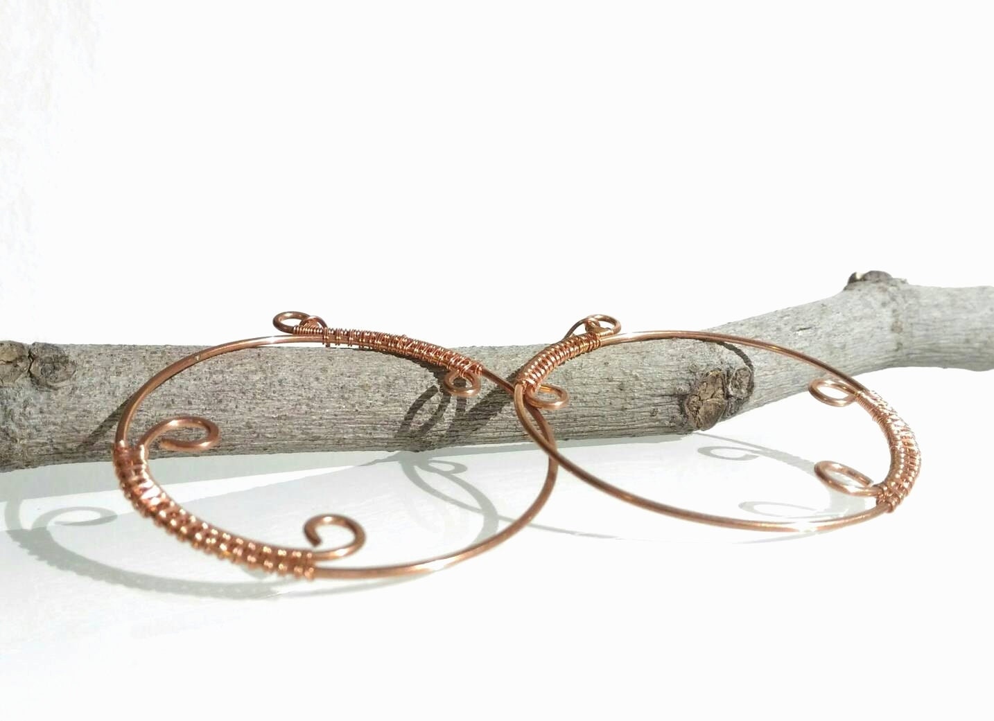 Big copper dangle earrings. Round hammered earrings with spiral. Copper jewelry