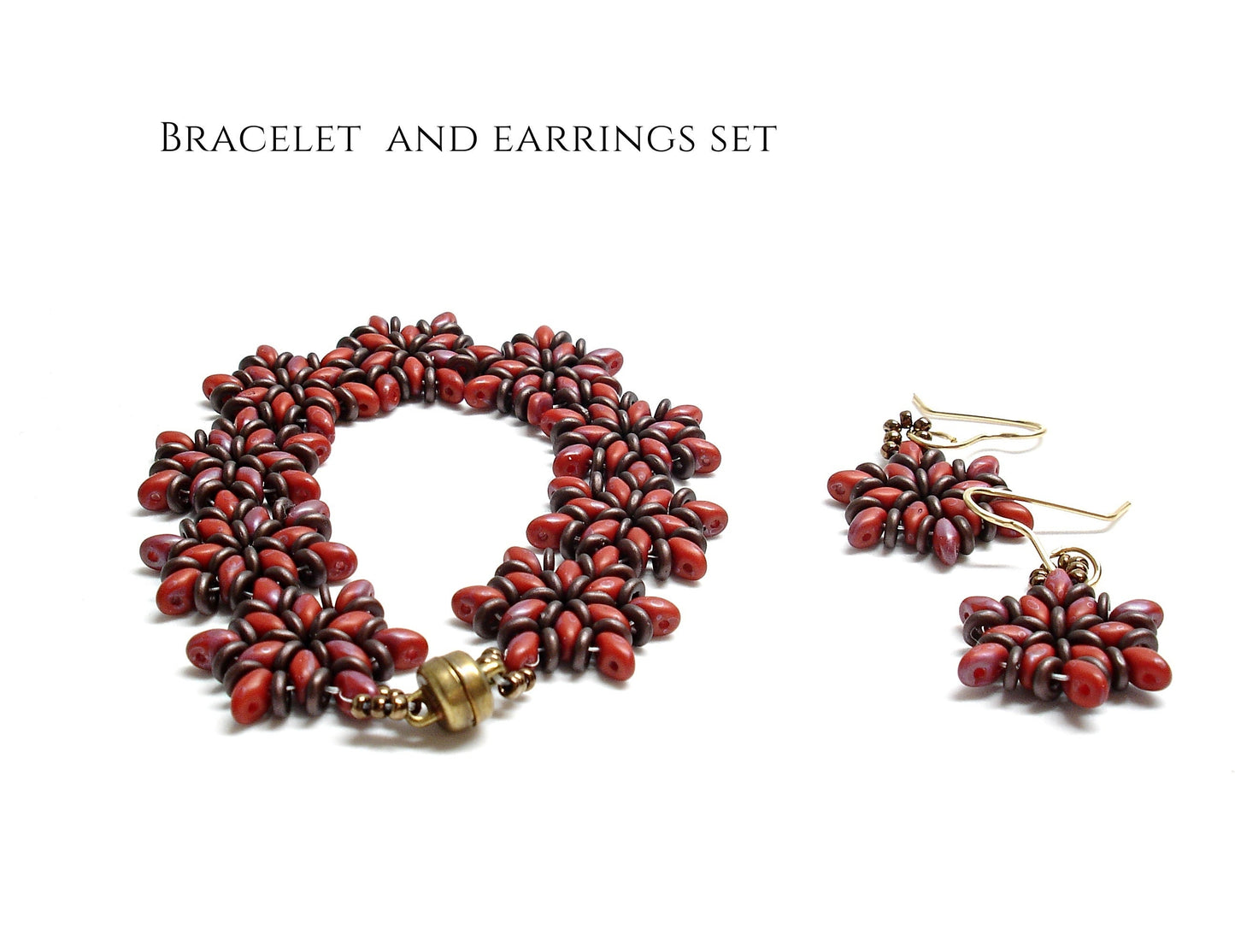 Beaded jewelry set for women. Brown and red superduo bracelet necklace and earrings.