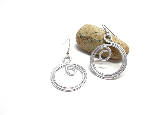 Big silver aluminum spiral earrings. Aluminium dangle celtic earrings. Contemporary jewelry. Christmas gift for her
