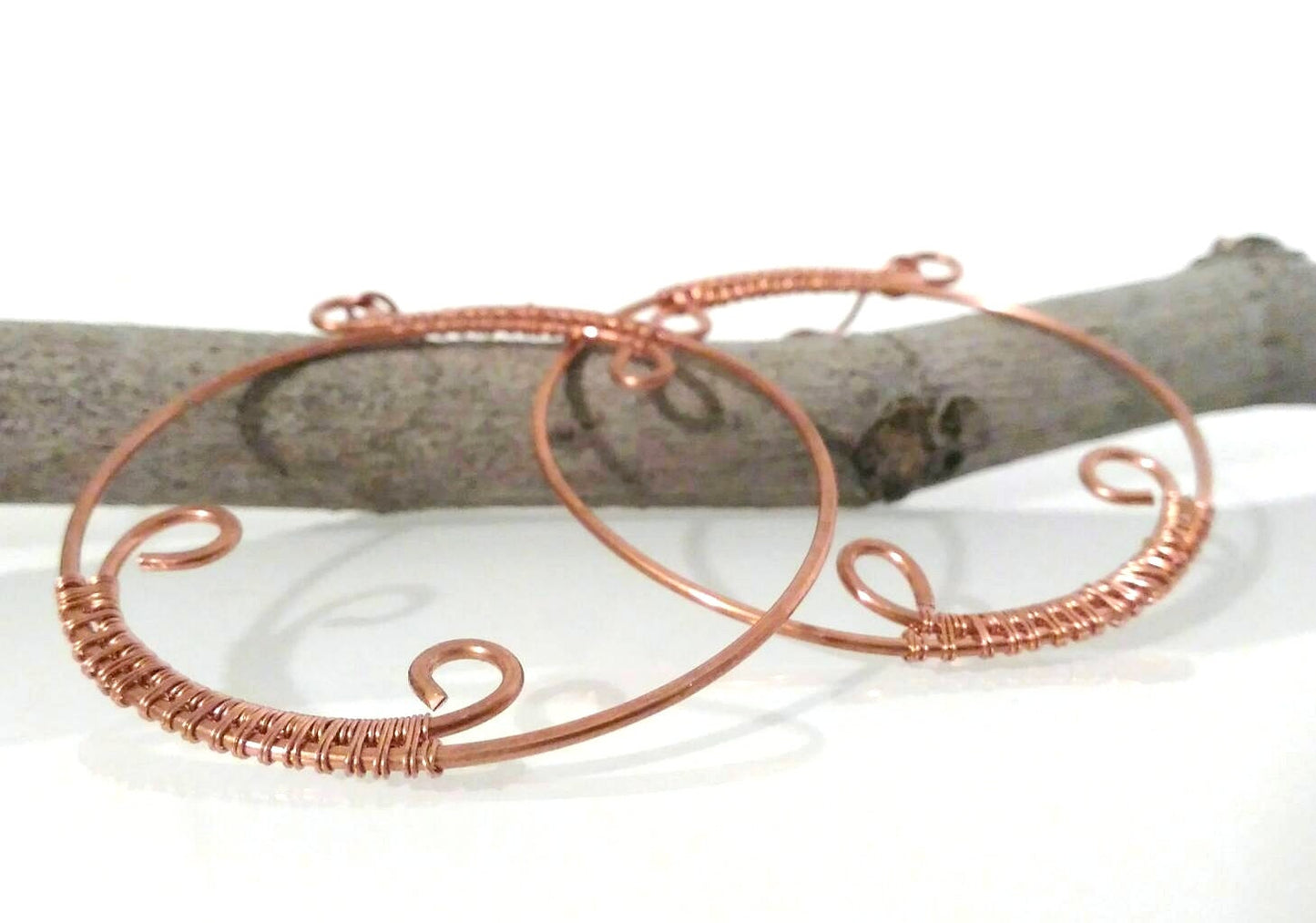 Big copper dangle earrings. Round hammered earrings with spiral. Copper jewelry