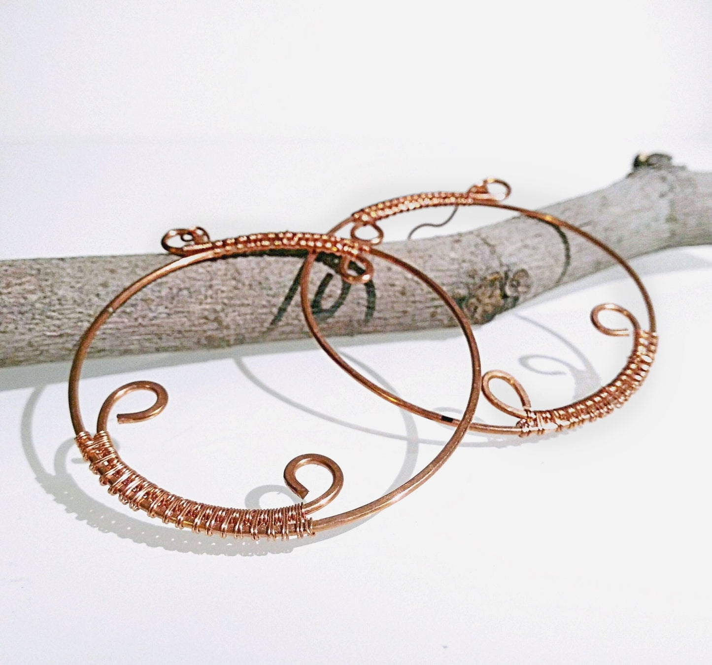 Big copper dangle earrings. Round hammered earrings with spiral. Copper jewelry