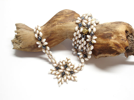 Bib white beaded necklace. Wife romantic jewelry. Handmade statement necklace