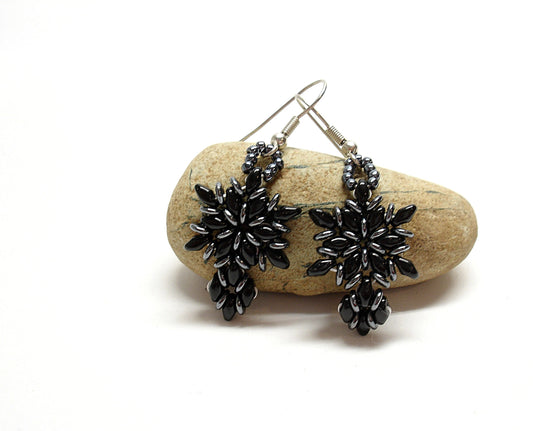 Black dangle earrings. Beaded earrings for women. Gothic jewelry