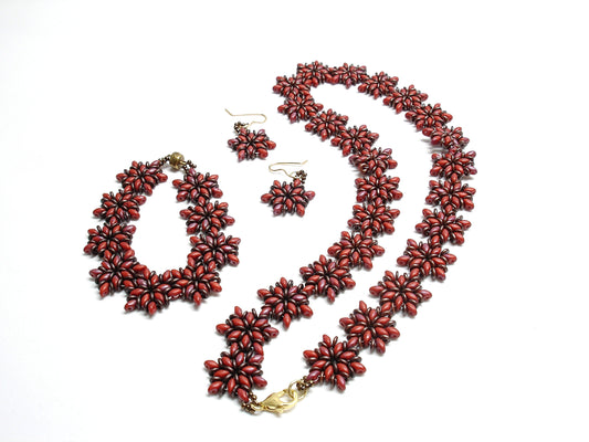 Beaded jewelry set for women. Brown and red superduo bracelet necklace and earrings.