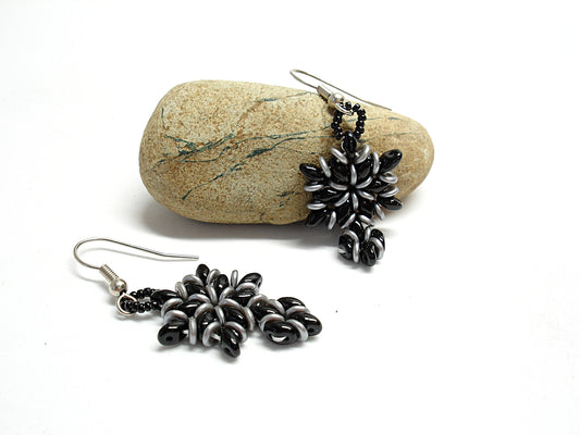 Black and gray dangle earrings. Beaded earrings for women. Gothic jewelry