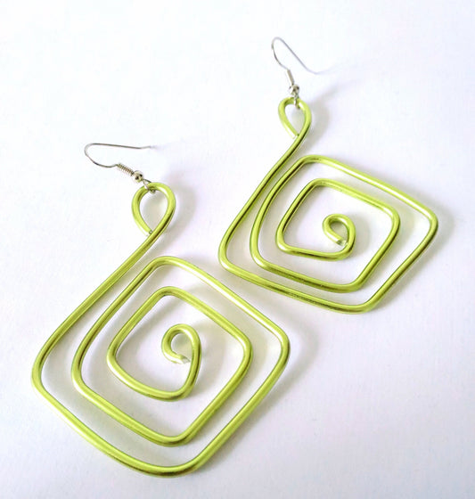 Aluminium square spiral earrings. Contemporary aluminum jewelry.  Gift for her. Green dangle earrings.