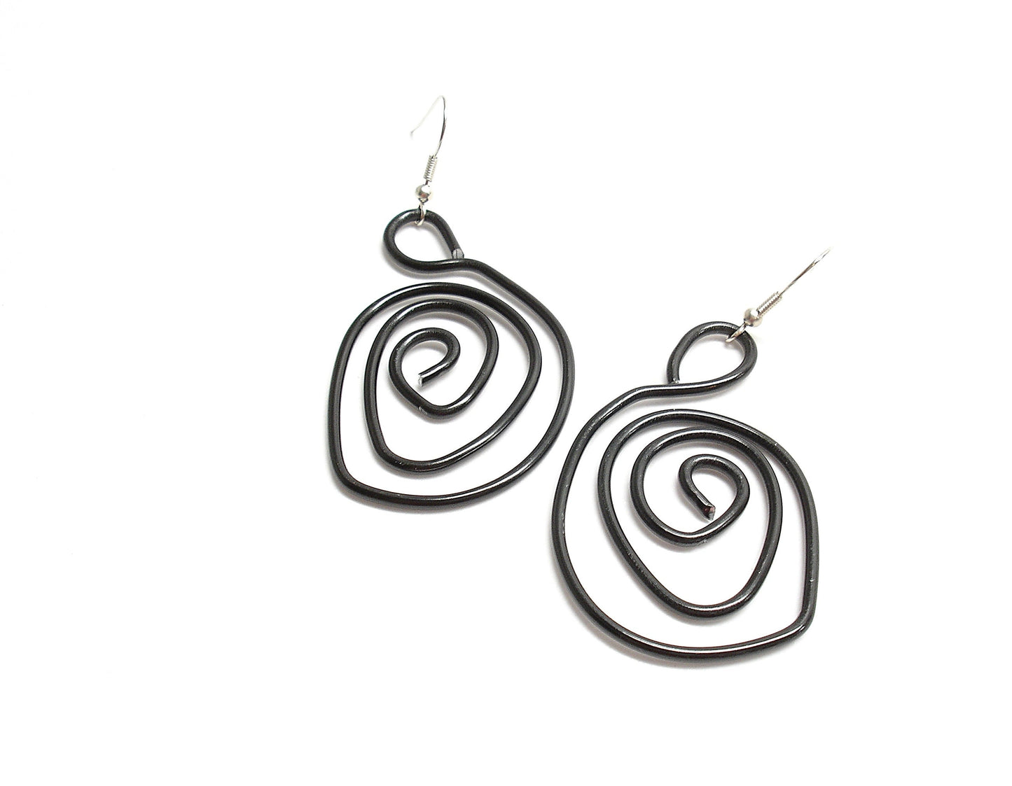 Big black dangle earrings. Modern aluminium spiral earrings.  Contemporary statement aluminum jewelry.