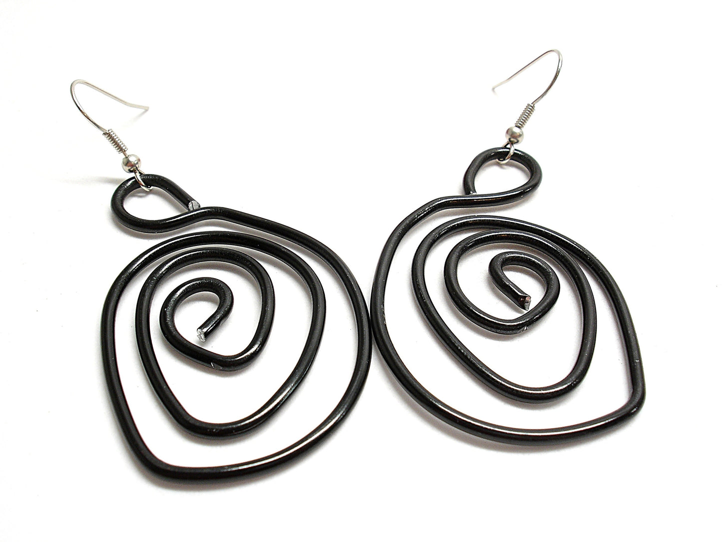 Big black dangle earrings. Modern aluminium spiral earrings.  Contemporary statement aluminum jewelry.