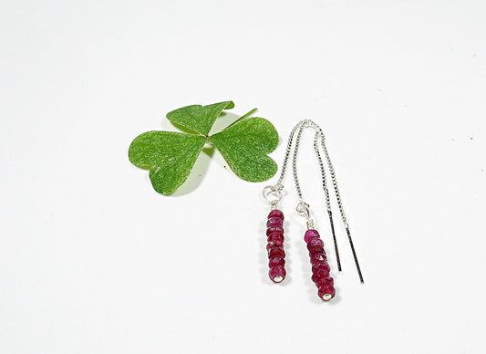 Raw ruby threader earrings. Gemstone dangle earrings. Ruby jewelry. Gift for her. Long chain threader earrings