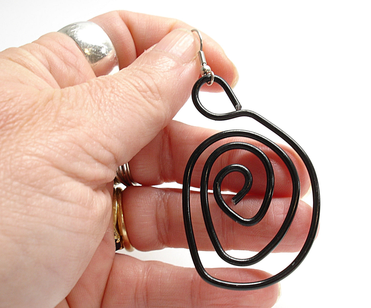 Big black dangle earrings. Modern aluminium spiral earrings.  Contemporary statement aluminum jewelry.