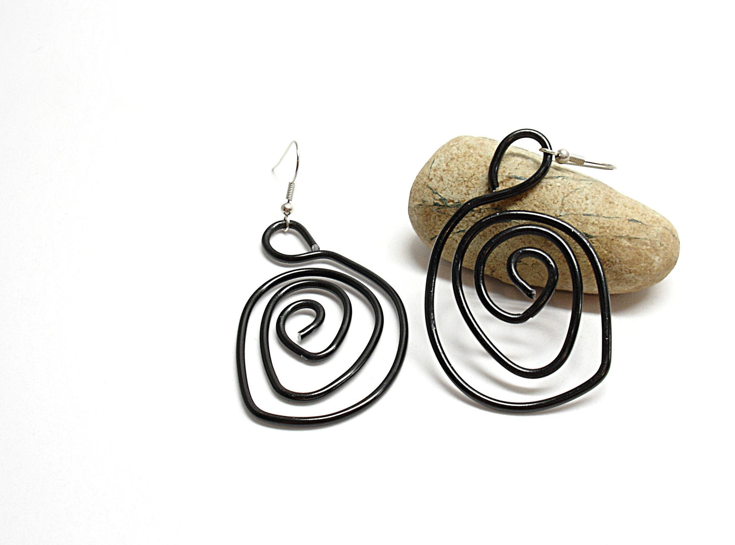 Big black dangle earrings. Modern aluminium spiral earrings.  Contemporary statement aluminum jewelry.