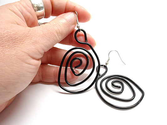Big black dangle earrings. Modern aluminium spiral earrings.  Contemporary statement aluminum jewelry.