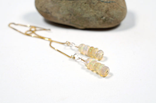 Ethiopian opal pull through earrings. Gemstone dangle earrings. Long threader earrings. Chain thread through gold filled earrings