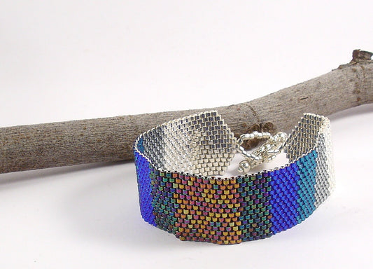 Colorful peyote cuff bracelet for women. Multicolor japan delica bead bracelet for women. Beaded jewelry