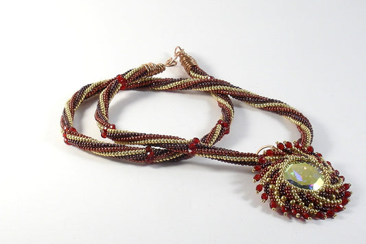 Beaded necklace. Statement jewelry. Beaded bib necklace with crystal beaded pendant. Seed bead necklace